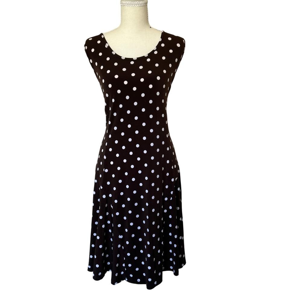 Susan Graver Womens Brown White Polka Dot Sleeveless Fit Flare Godet Dress XL - Picture 1 of 7